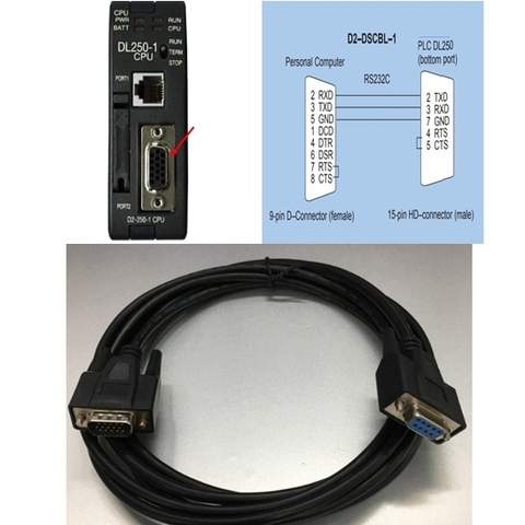 Cáp Kết Nối PLC Programming D2-DSCBL-1 3M Cable RS232C DB15 Male to DB9 Female For DL250-1 Koyo CPU Tới Computer