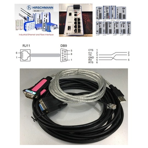 Bộ Combo Cấu Hình Switch Hirschmann Industrial Ethernet Terminal Cable 943 301-001 V.24 interface RS232 RJ11 4Pin 4P4C to DB9 Female Và USB to RS232 Z-TEK ZE533A  Length 6.8M