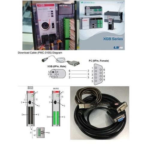 Bộ Combo LS PLC XGB Series PMC-310S Loader Cable Connection PC to PLC RS232C 6 Pin Mini DIN Male to DB9 Female Và USB to RS232 Unitek Y-105 Length 6.5M