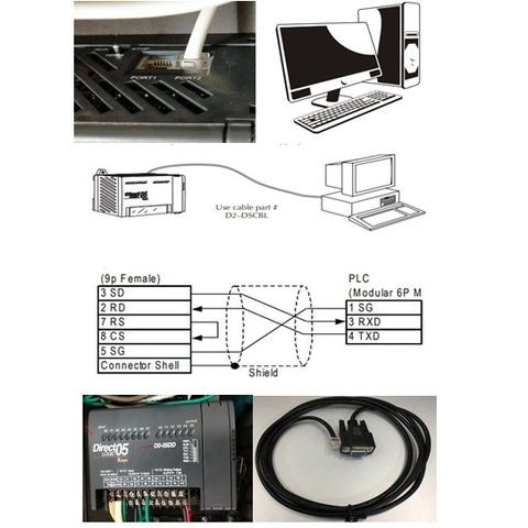 Cáp PLC Programming D2–DSCBL Cable Kết Nối KOYO DirectLOGIC D0-05DD Máy Tính RS232C DB9 Female to RJ12 6 Pin For Truyền Số Liệu Nạp Code Download/Upload  Length 2M