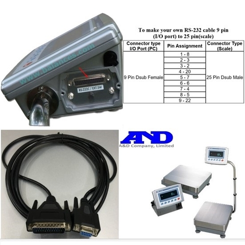 Cáp Kết Nối Cần Điện Tử AND Weighing Decimal Balance KO WW9-25 Cable RS-232C DB25 Pin Male to DB9 Pin Female For Truyền Nhận Dữ Liệu Giữa Cân Điện Tử Và Máy Tính Dài 3M