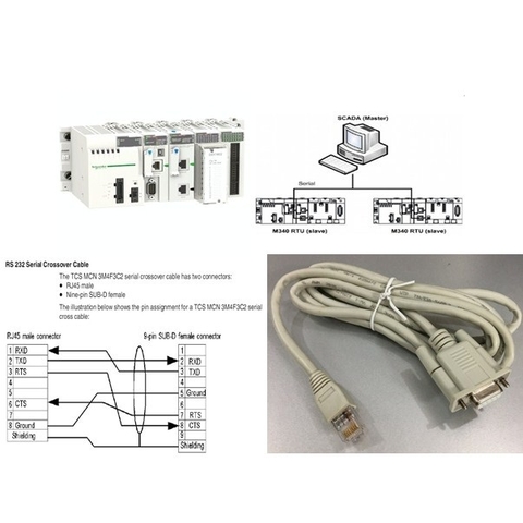 Cáp Điều Khiển Schneider M340 Series PLC Programming Cable TCSMCN3M4F3C2 RS232 Serial Crossover Cable RJ45 Male to DB9 Female length 2M