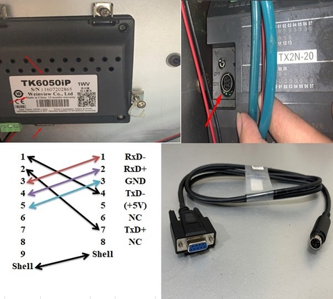 Cáp Kết Nối PLC Programming HMI Weinview TK6050IP Touch Với PLC EASYCON TX2N-20 Cable RS485 DB9 Female to Mini Din 8 Pin Male Length 1M