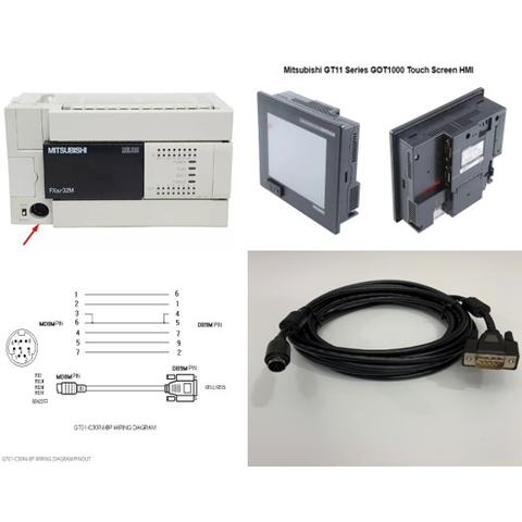 Cáp Lâp Trình GT01-C100R4-8P Mini Din 8 Pin to DB9 Male Communication RS422 Cable 5M For HMI GT11 GT15 GT16 GT104 GT105 Series Mitsubishi Với PLC Mitsubishi FX Series