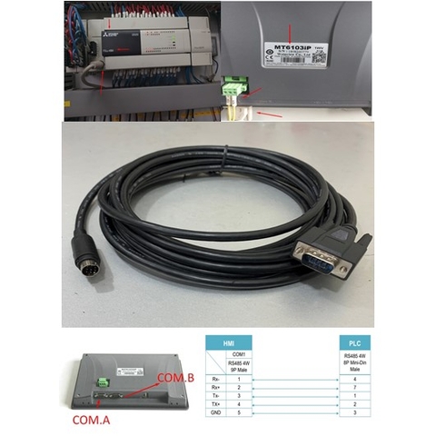 Cáp Kết Nối Lập Trình PLC Programming Mitsubishi FX3U-48M/FX3UC/FX3G/FX3S Với WEINVIEW/WEINTEK HMI MT6103IP Cable RS485 Mini Din 8 Pin Male to DB9 Male Length 3M