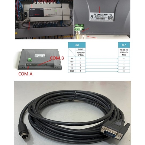 Cáp Kết Nối Communication Cable RS485 Mini Din 8 Pin Male to DB9 Male 5M For Mitsubishi FX Series PLC Với WEINVIEW/WEINTEK HMI MT6103IP