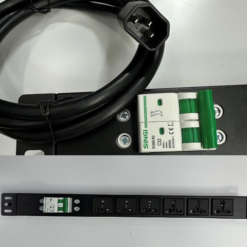 Thanh Nguồn 6 Way UK Universal Outlet PDU Rack Có MCB Công Suất Max 20A to C14 Plug Power Cord 3x2.08mm² Length 1.8M For UPS APC Eaton Output IEC C13 Connector