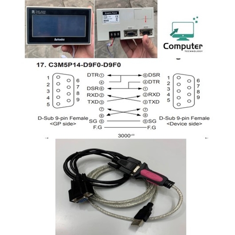 Combo Cáp lập Trình C3M5P14-D9F0-D9F0 Dài 1M RS-232C DB9 Female to Female + USB to RS232 Converter - 6ft For Communication Cable HMI Autonics Với Computer Laptop