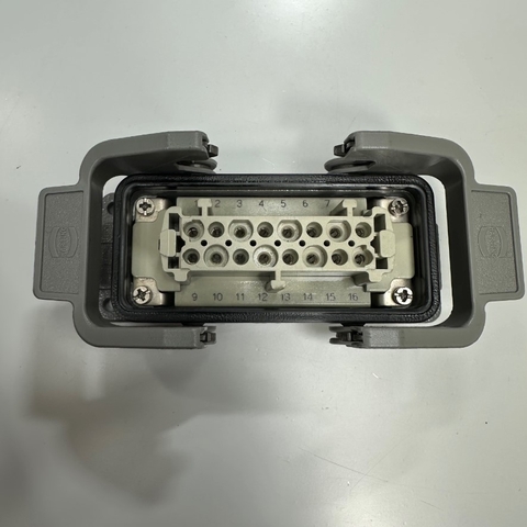 Đầu Nối Điện Công Nghiệp Jack HARTING Han 16 E-F Connector HDC 16 Pin Female + PE 16A 500V 6KV3 + Panel 09300160301 HARTING