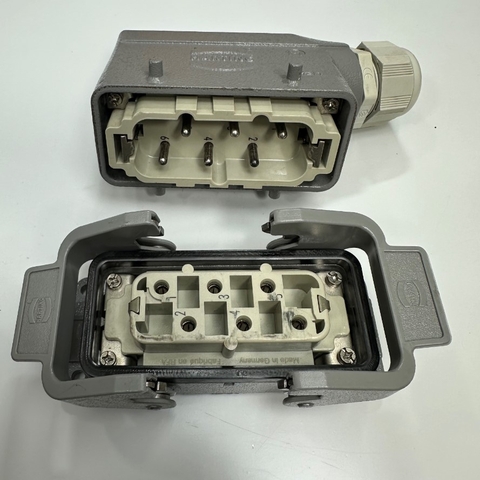 Bộ Đầu Nối Điện Công Nghiệp Harting Han 6 HsB-M Han 6 HsB-F Connector HDC 6 Pin Male + Female 35A 400/690V 6kV3 + Panel Entry Hood