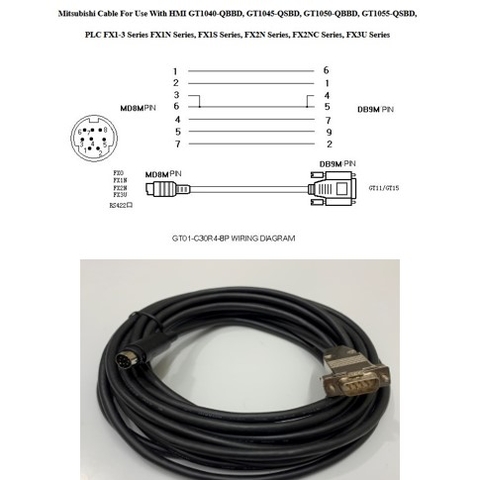 Cáp Lập Trình GT01-C150R4-8P 50 ft Dài 15M Cable MD8M to DB9 Male For PLC Mitsubishi FX Series Connect HMI Mitsubishi GOT1000/GT11/GT12/GT15/GT105