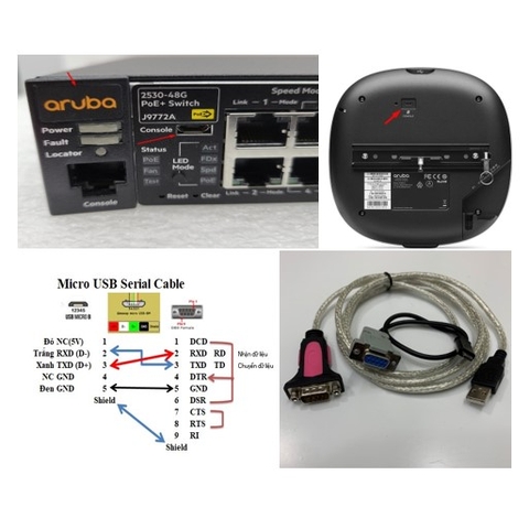 Combo Cáp Điều Khiển Console Switch Access Point HPE Aruba Cable Micro USB to RS232 DB9 Female 1ft Dài 0.3M + USB to RS232 Converter Z-TEK FTDI Chip