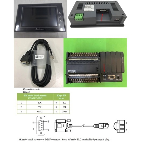 Cáp Lập Trình HMI Samkoon SK Series Với PLC Koyo SN Series Terminal is 6-pin Crystal Plug Cable RS232 RJ11/RJ12 6 Pin to DB9 Female Dài 1.8M Có Chống Nhiễu Shielded