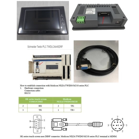 Cáp Lập Trình HMI Samkoon SK Series Với PLC Schneider Modicon NEZA/TWIDO/M218 Series Terminal is MD8M Connection Cable RS232 Mini Din 8 Pin to DB9 Female Dài 1.8M Có Chống Nhiễu Shielded