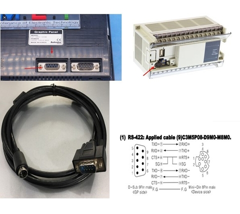 Cáp Lập Trình Communication Cable C3M5P08-D9M0-M8M0 1.8M Kết Nối HMI Autonics GP/LP Series Với PLC Mitsubishi FX1S FX1N FX2N Qua Giao Thức RS422 Mini Din 8 Pin Male to DB9 Female Black Length 1.8M