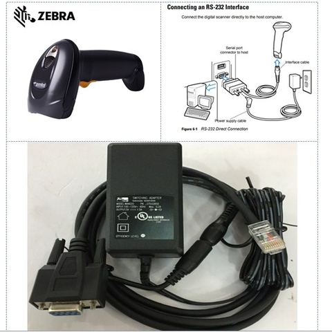 Bộ Cáp Cho Máy Quét Zebra DS4208 Barcode Scanner CBA-R01-S07PBR RS232 Cable RS232 to RJ50 10Pin Cable with DC Power và Adapter 5V 1.5A DC Power Supply Length 1.8M