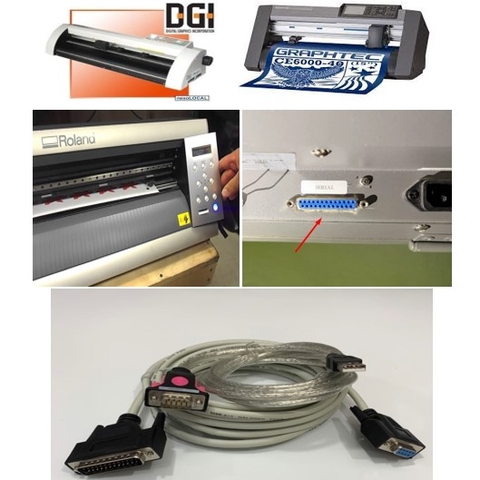 Bộ Combo USB to Com Và Cáp Điều Khiển Máy Cắt Decal Quảng Cáo Chất Lượng Cao RS232 DB25 Male to DB9 Female Dài 5M For Serial Cutter Plotter DGI, Roland, Graphtec