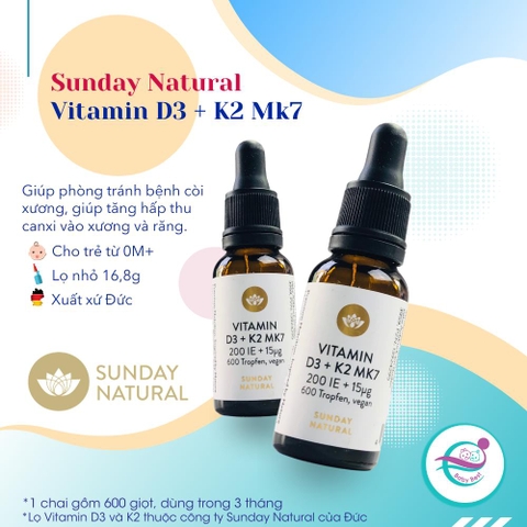 Vitamin D3+K2 MK7 Sunday Natural 16,8g (0M+) - Đức