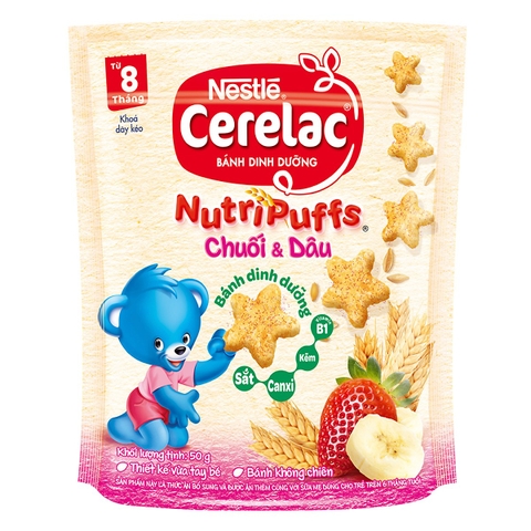 Bánh Ăn Dặm Nestlé CERELAC Nutripuffs Vị Chuối Dâu - Gói 50g