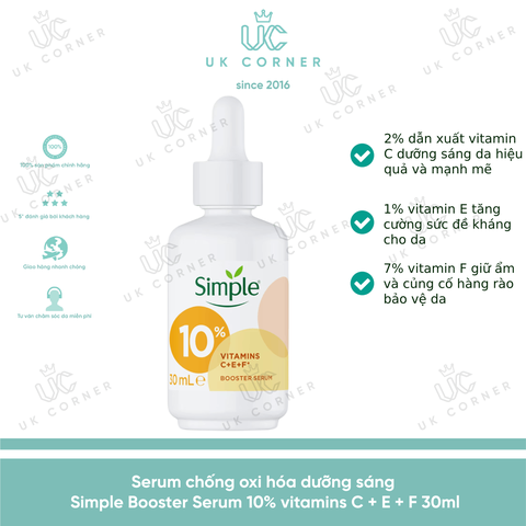 Serum chống oxi hóa dưỡng sáng Simple Booster Serum 10% vitamins C + E + F 30ml