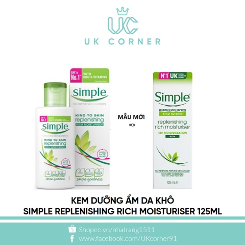 Kem dưỡng ẩm cho da khô Simple Kind To Skin Replenishing Rich Moisturiser 125ml