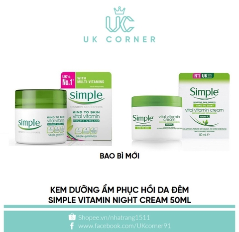 Kem dưỡng ẩm phục hồi da ban đêm Simple Kind To Skin Vital Vitamin Night Cream 50ml