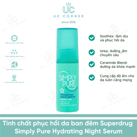 Tinh chất phục hồi da nhạy cảm ban đêm Superdrug Simply Pure Hydrating Night Serum 50ml