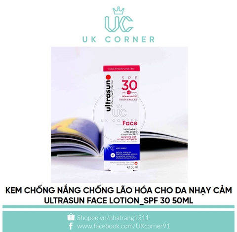 Kem dưỡng nắng chống lão hóa cho da nhạy cảm Ultrasun SPF 30 Face Sun Lotion 50ml (màu hồng)