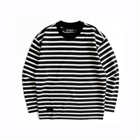 Áo Thun Dài Tay Vải Knit Kẻ Sọc Cổ Tròn