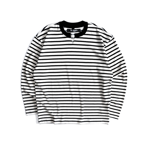 Áo Thun Dài Tay Vải Knit Kẻ Sọc Cổ Chữ V