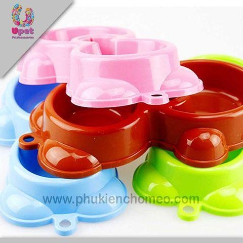 Bát nhựa đôi hình gấu - Ăn, Uống tự động cấp nước (hanpet 355) + tặng kèm 1 gói tẩy giun