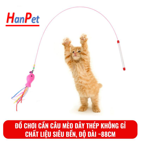 HPKM- Đồ chơi cần câu mèo dây thép không gỉ gắn con cá Hanpet