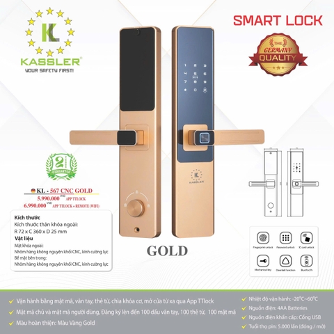 Khóa Điện Tử KASSLER KL-567 CNC GOLD APP TTlock
