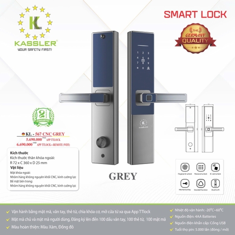 Khóa Điện Tử KASSLER KL-567 CNC GREY APP TTlock