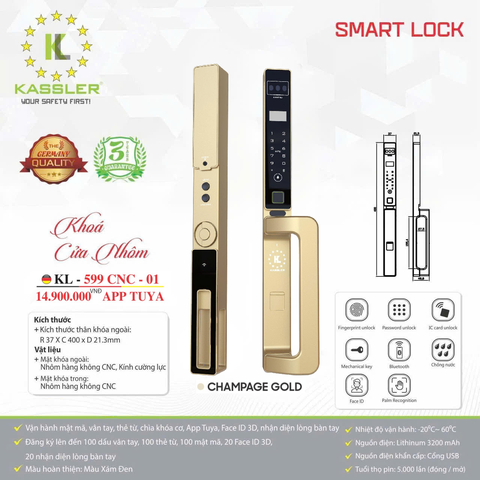 Khóa Điện Tử KASSLER KL-599 CNC 01 CHAMPAGE GOLD APP
