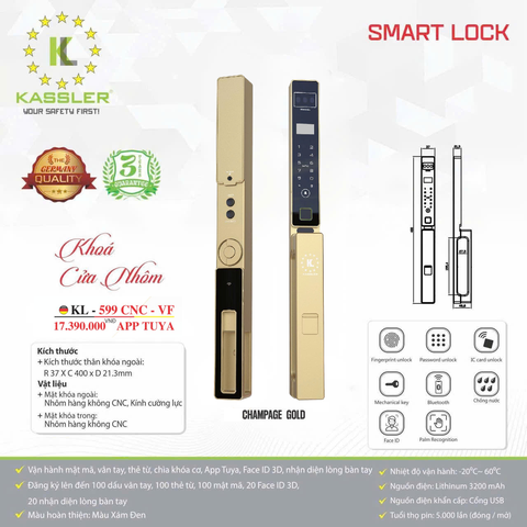 Khóa Điện Tử KASSLER KL-599 CNC VF CHAMPAGE GOLD APP