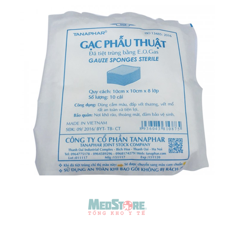 Gạc phẫu thuật TanaPhar 10cm x 10 cm x 8 lớp (Đã tiệt trùng bằng EO. Gas)