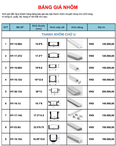 Bảng giá thanh nhôm profile định hình led tạo hình nghệ thuật