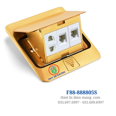 Bộ Ổ Cắm Âm Sàn Chống Nước IP44 Gồm Hạt Mạng + Hạt Điện Thoại + Ổ Cắm 2 Chấu DoBo F88-888805S (Màu Vàng Gold)