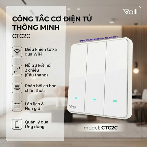 Công tắc cơ điện tử 2 chiều wifi CTC2C 3 nút bấm