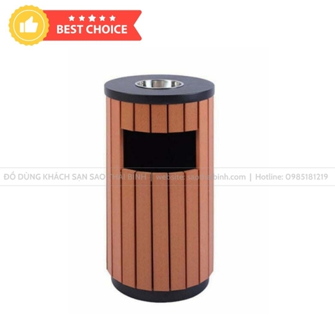 Thùng rác GỖ TRÒN 40L có gạt tàn cao cấp - Giá Tốt Nhất