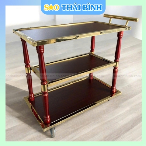 Xe đẩy thức ăn GỖ ft INOX 3 TẦNG - Dùng cho nhà hàng, quán ăn