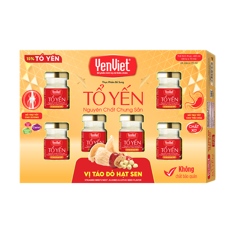 Tổ Yến Nguyên Chất Chưng Sẵn Vị Táo Đỏ Hạt Sen (15% Tổ Yến)- Hộp 06 lọ x 70ml