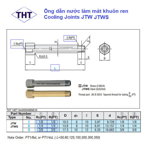 Ống nối nước làm mát khuôn SUS304 - Cooling Joints JTWS1