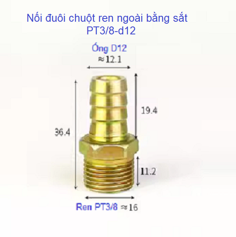 Nối đuôi chuột ren ngoài bằng sắt PT3/8-d12
