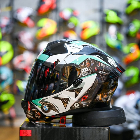 Mũ Fullface ROC R11 Pro Đen Bóng + Dán Tem Decal BMW HP4 Xanh Ngọc FREESHIP