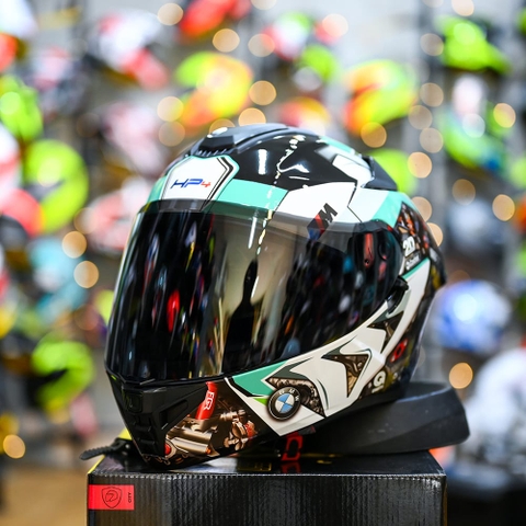 Mũ Fullface ROC R11 Pro Đen Bóng + Dán Tem Decal BMW HP4 Xanh Ngọc FREESHIP