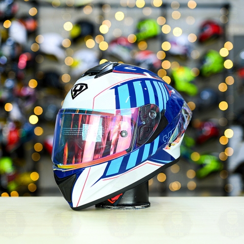 Mũ Fullface Yohe 981 Trắng Xanh Bóng + đuôi gió Pista GPRR + Kính Revo Cam FREESHIP