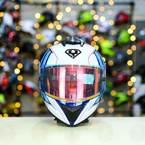 Mũ Fullface Yohe 981 Trắng Xanh Bóng + đuôi gió Pista GPRR + Kính Revo Cam FREESHIP