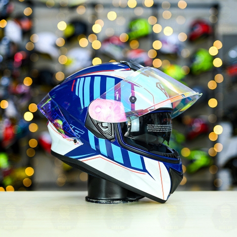 Mũ Fullface Yohe 981 Trắng Xanh Bóng + đuôi gió Pista GPRR + Kính Revo Cam FREESHIP